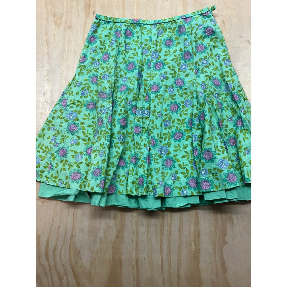 Garnet Hill Green Floral Cotton Midi Skirt Size 8 Petite Purple Blue A-Line
